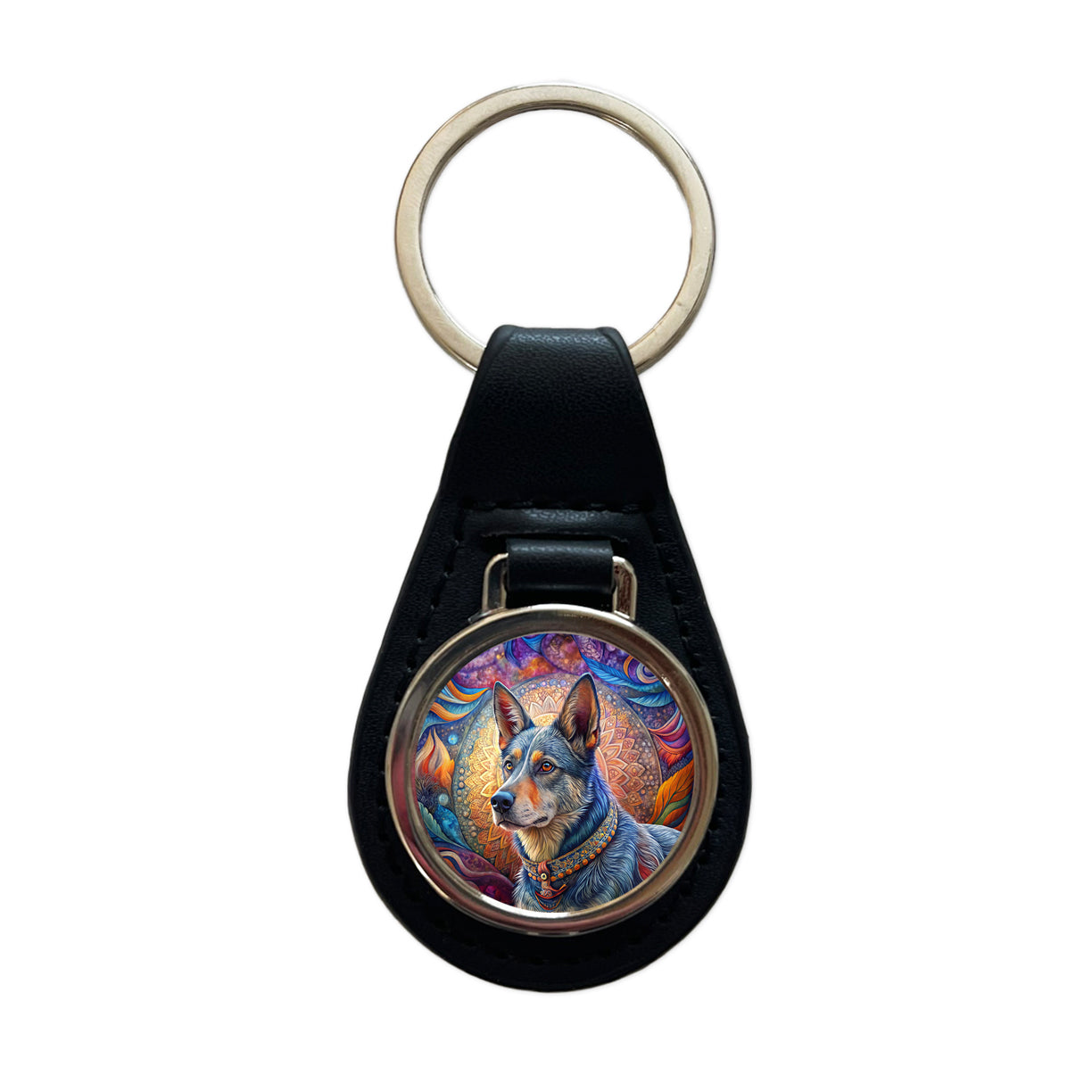 Australian Cattle Dog Bohemian Art Black Leather Metal Keychain