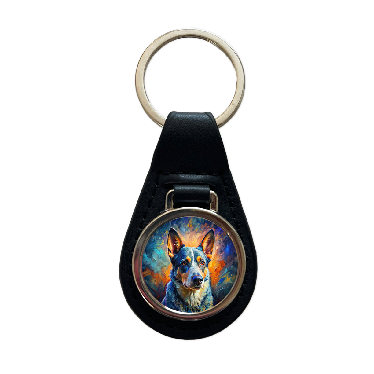 Australian Cattle Dog Expressionism Art Black Leather Metal Keychain