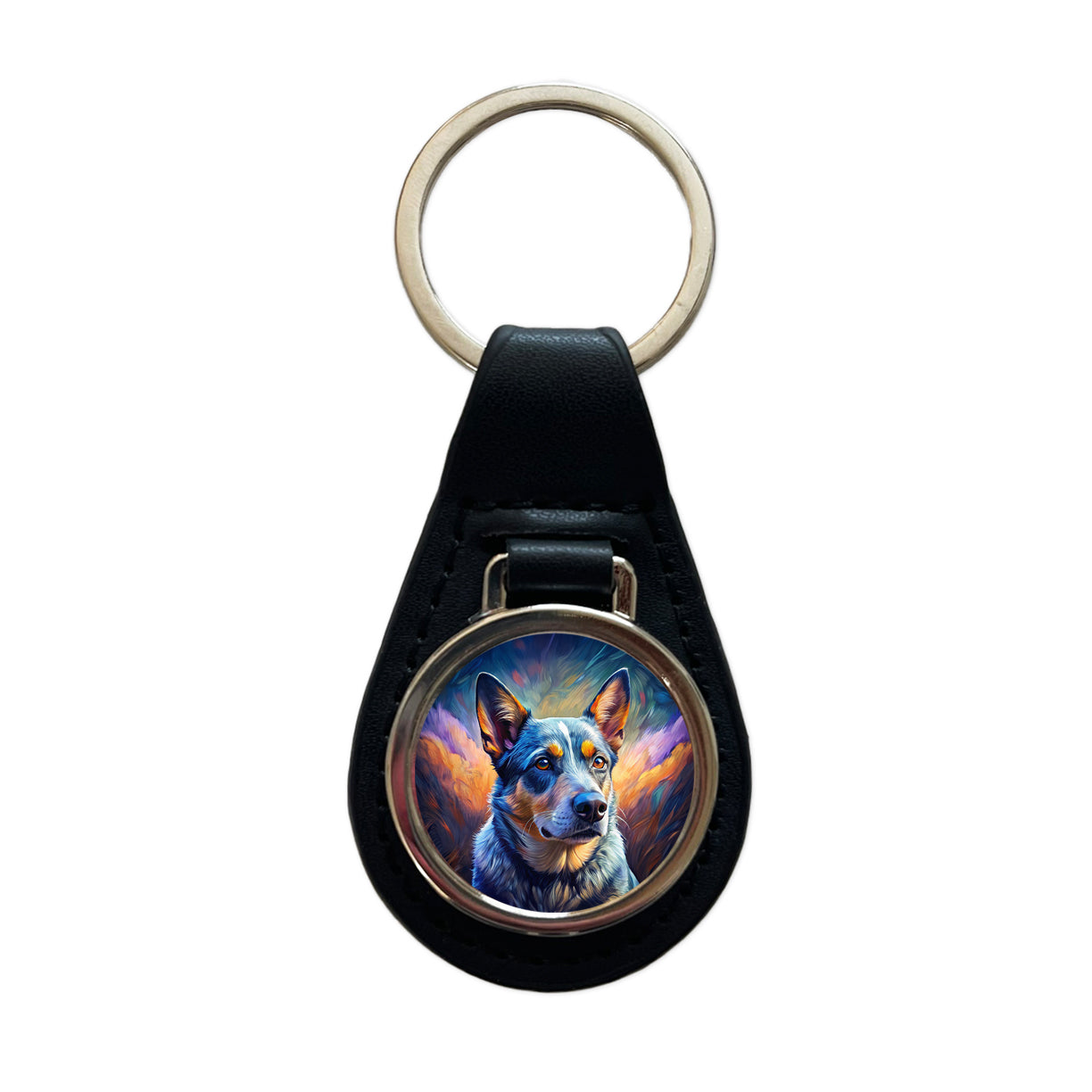 Australian Cattle Dog Pop Art Black Leather Metal Keychain