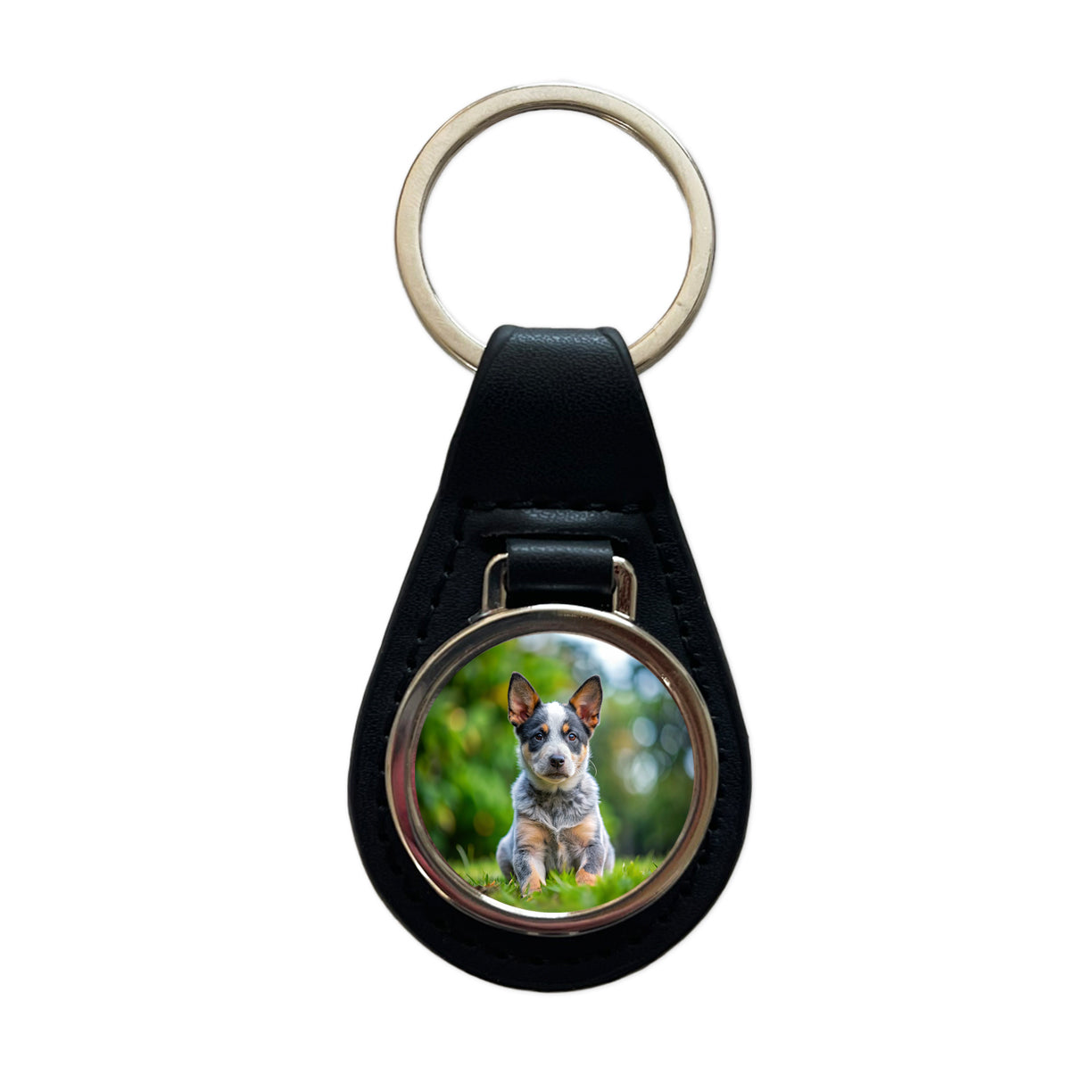 Australian Cattle Dog Puppy Photo Black Leather Metal Keychain