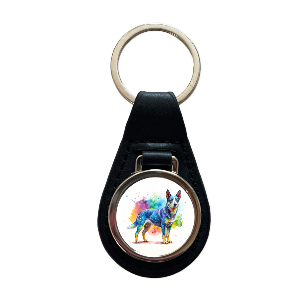 Australian Cattle Dog Watercolor Style Black Leather Metal Keychain