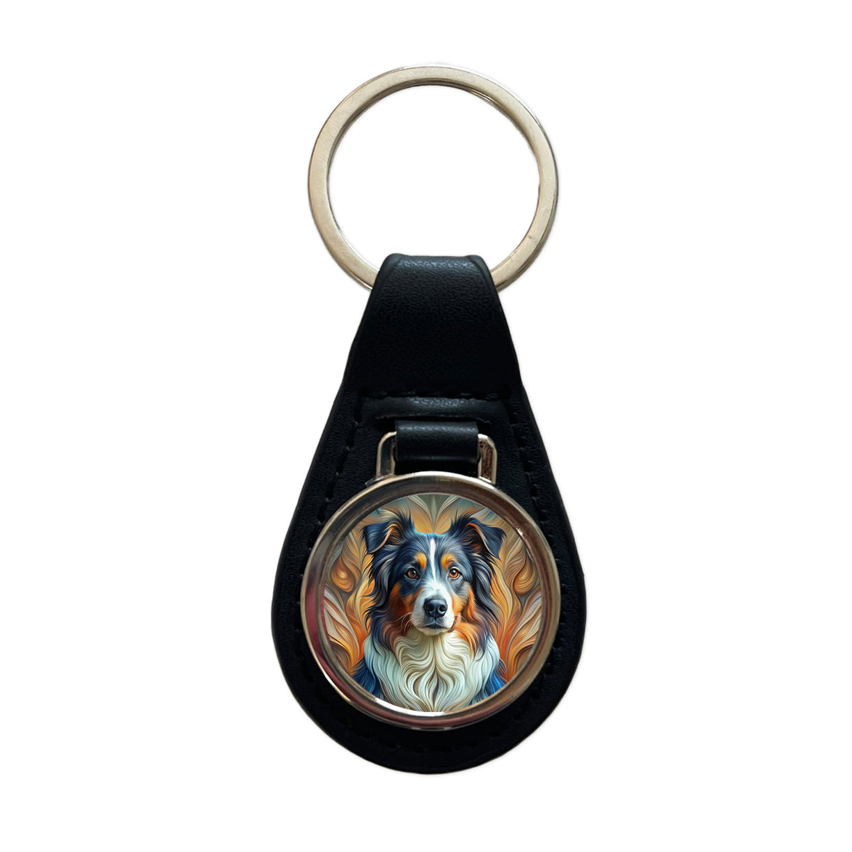 Australian Shepherd Dog Abstract Art Black Leather Metal Keychain