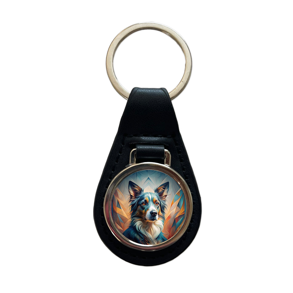 Australian Shepherd Dog Abstract Stylized Art Black Leather Metal Keychain