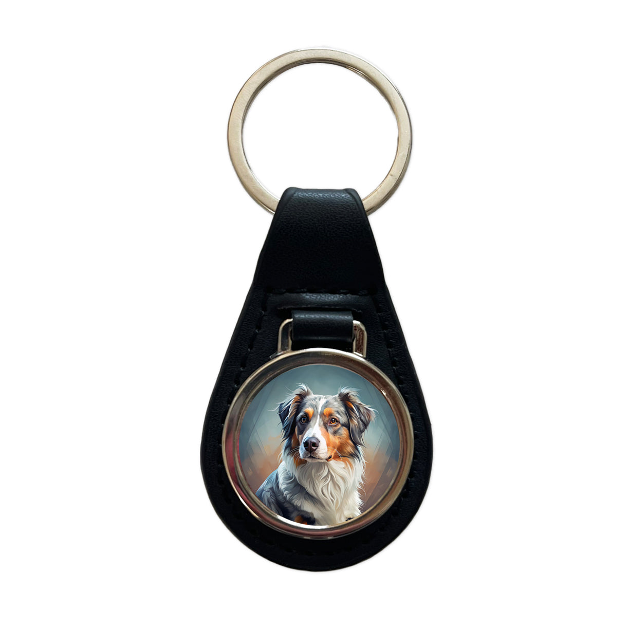 Australian Shepherd Dog Contemporary Art Black Leather Metal Keychain