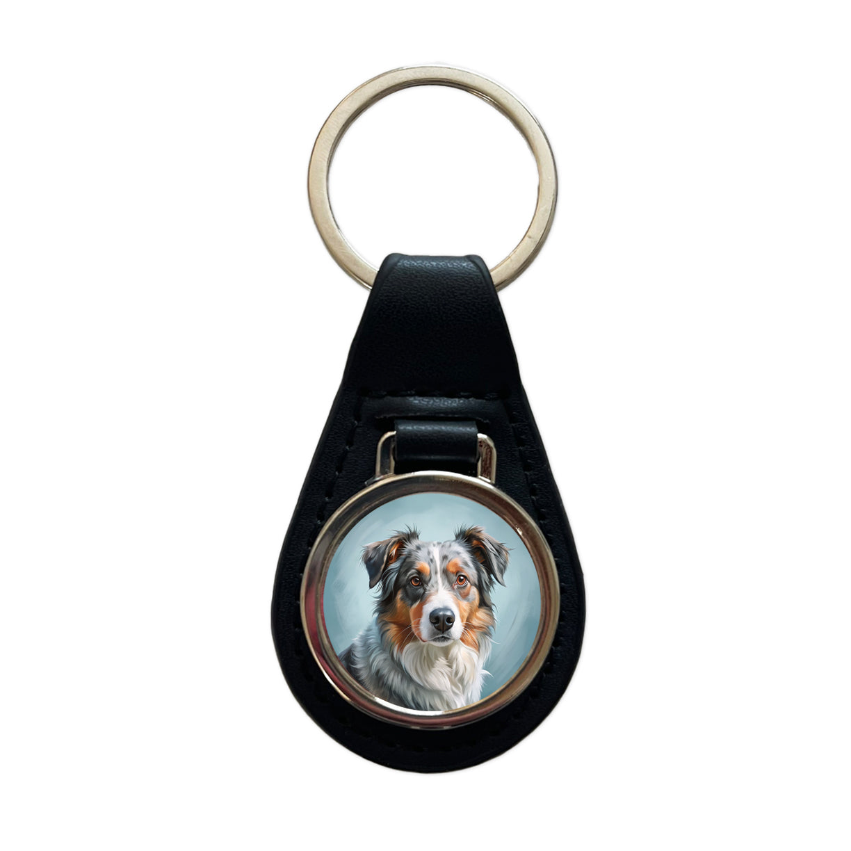 Australian Shepherd Dog Illustration Black Leather Metal Keychain