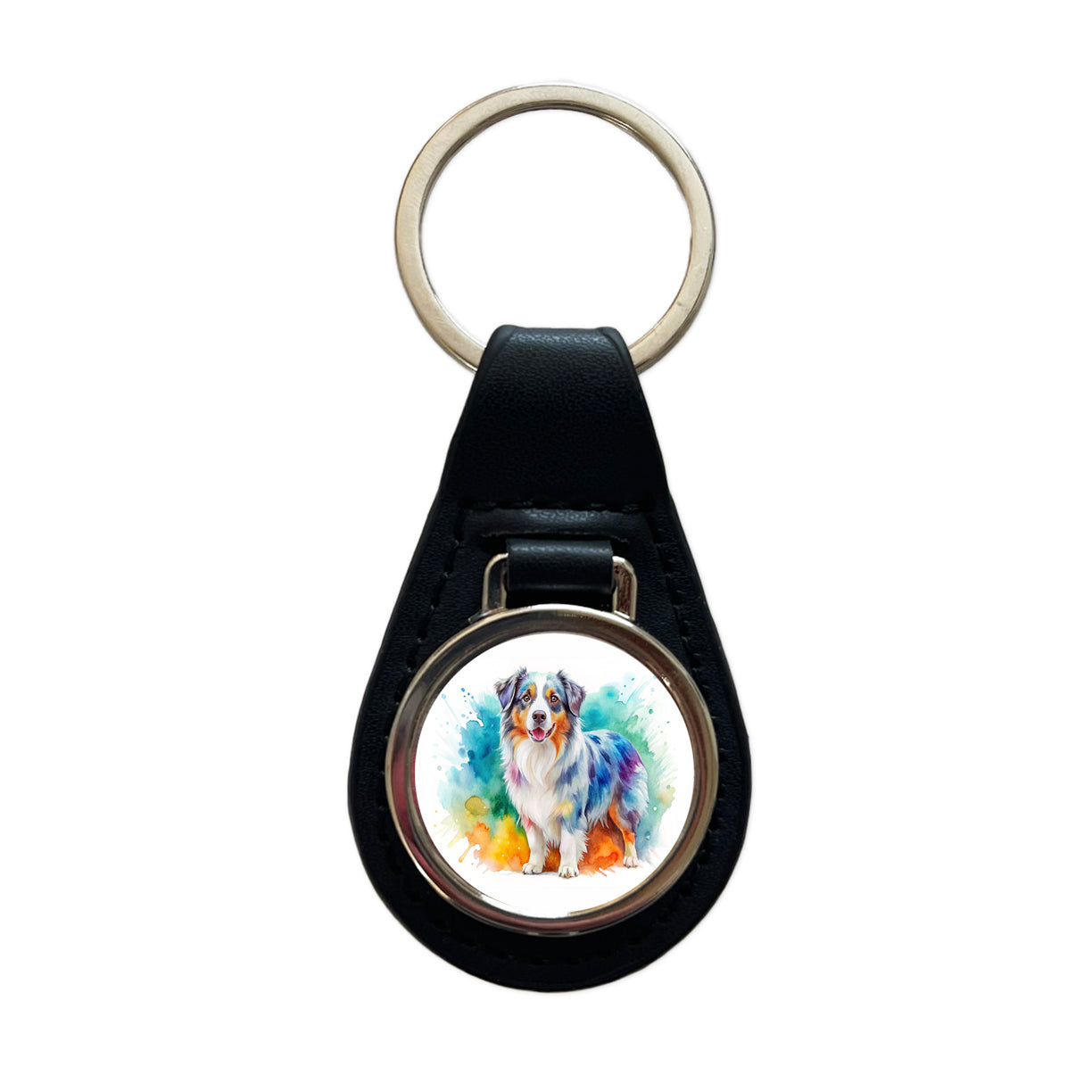 Australian Shepherd Dog Watercolor Style Black Leather Metal Keychain