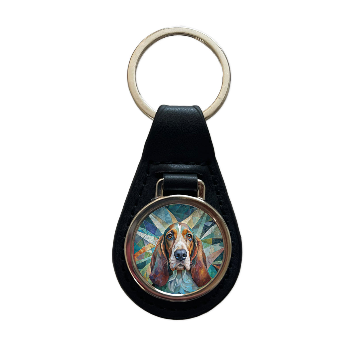 Basset Hound Dog Abstract Art Black Leather Metal Keychain