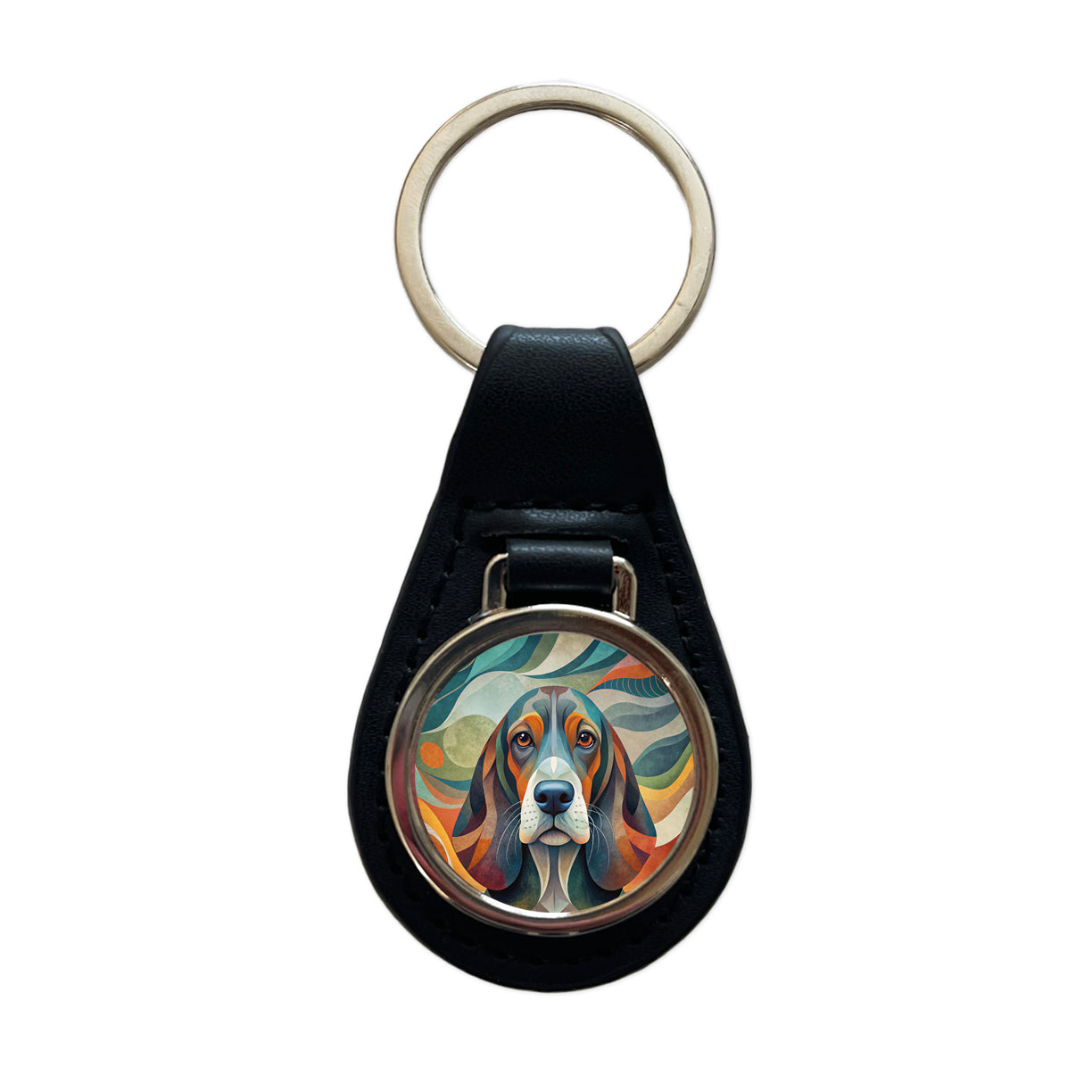 Basset Hound Dog Abstract Stylized Art Black Leather Metal Keychain
