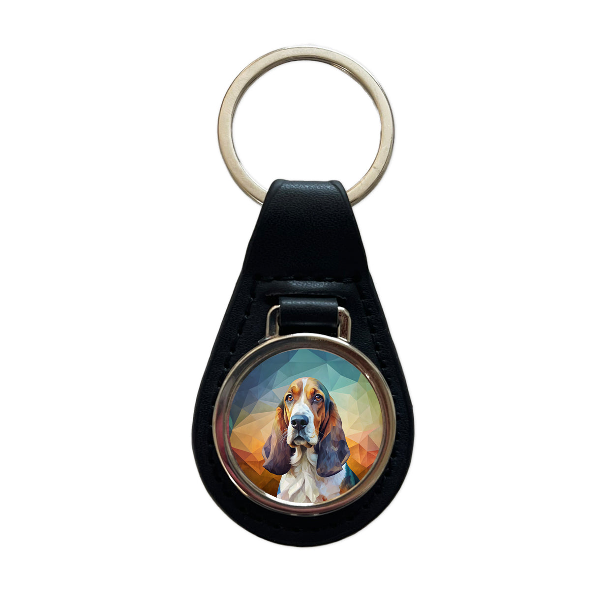 Basset Hound Dog Contemporary Art Black Leather Metal Keychain