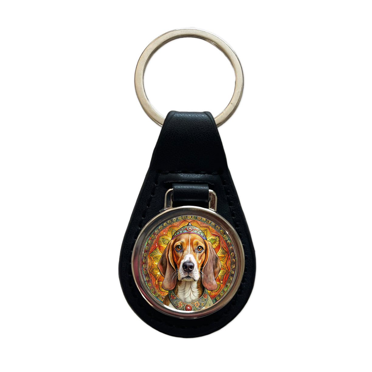 Beagle Dog Bohemian Art Black Leather Metal Keychain