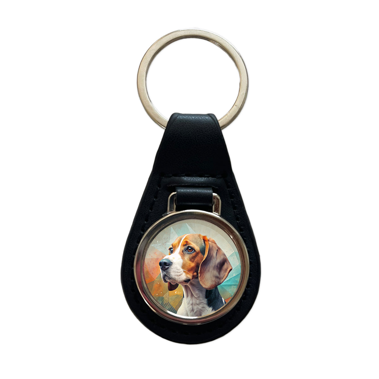 Beagle Dog Contemporary Art Black Leather Metal Keychain