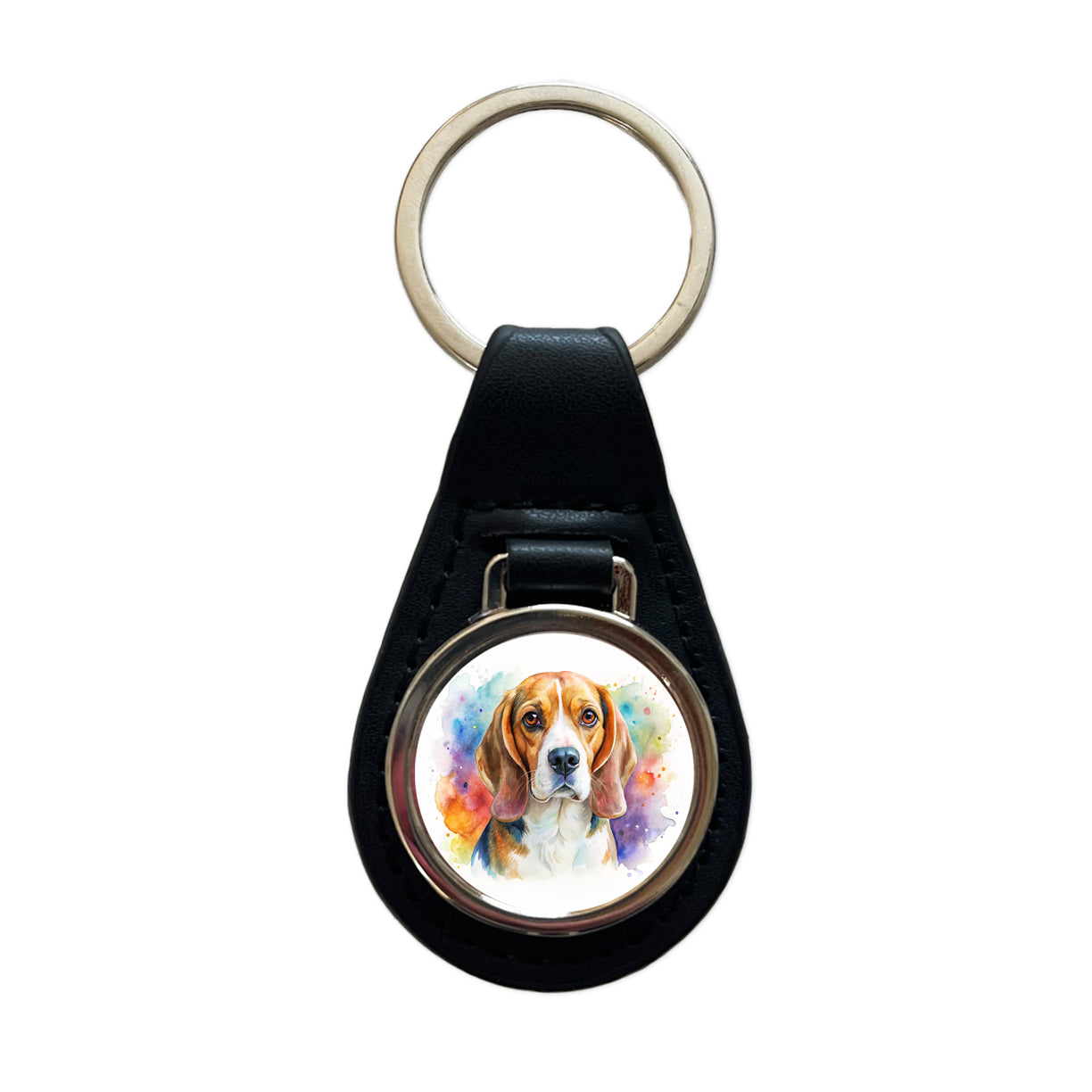 Beagle Dog Watercolor Style Black Leather Metal Keychain