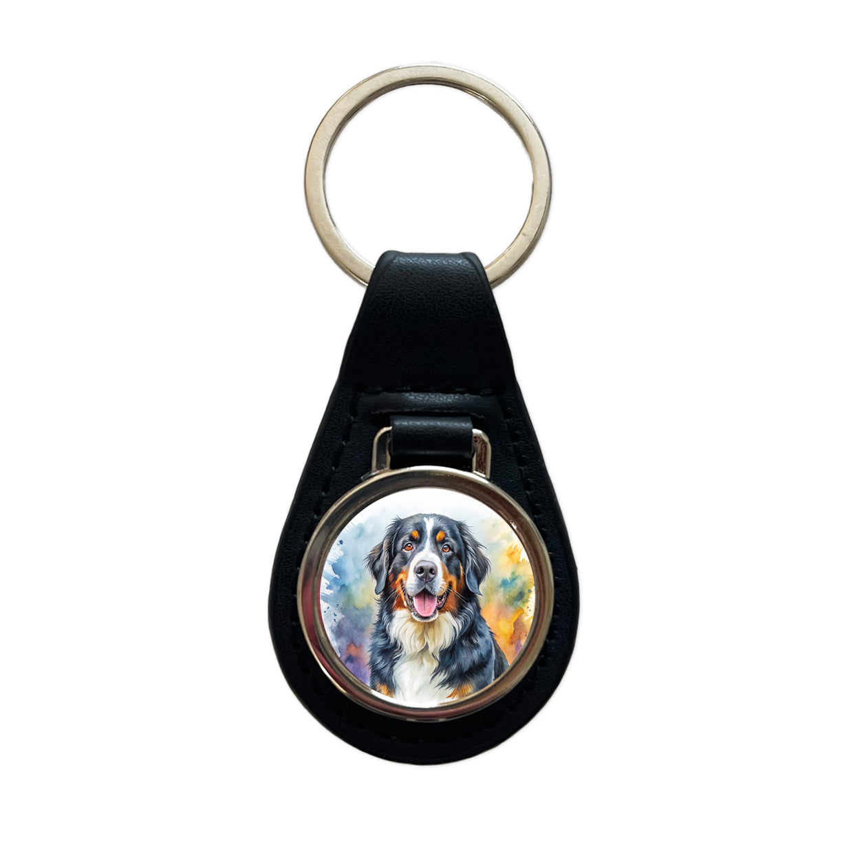 Bernese Mountain Dog Watercolor Style Black Leather Metal Keychain