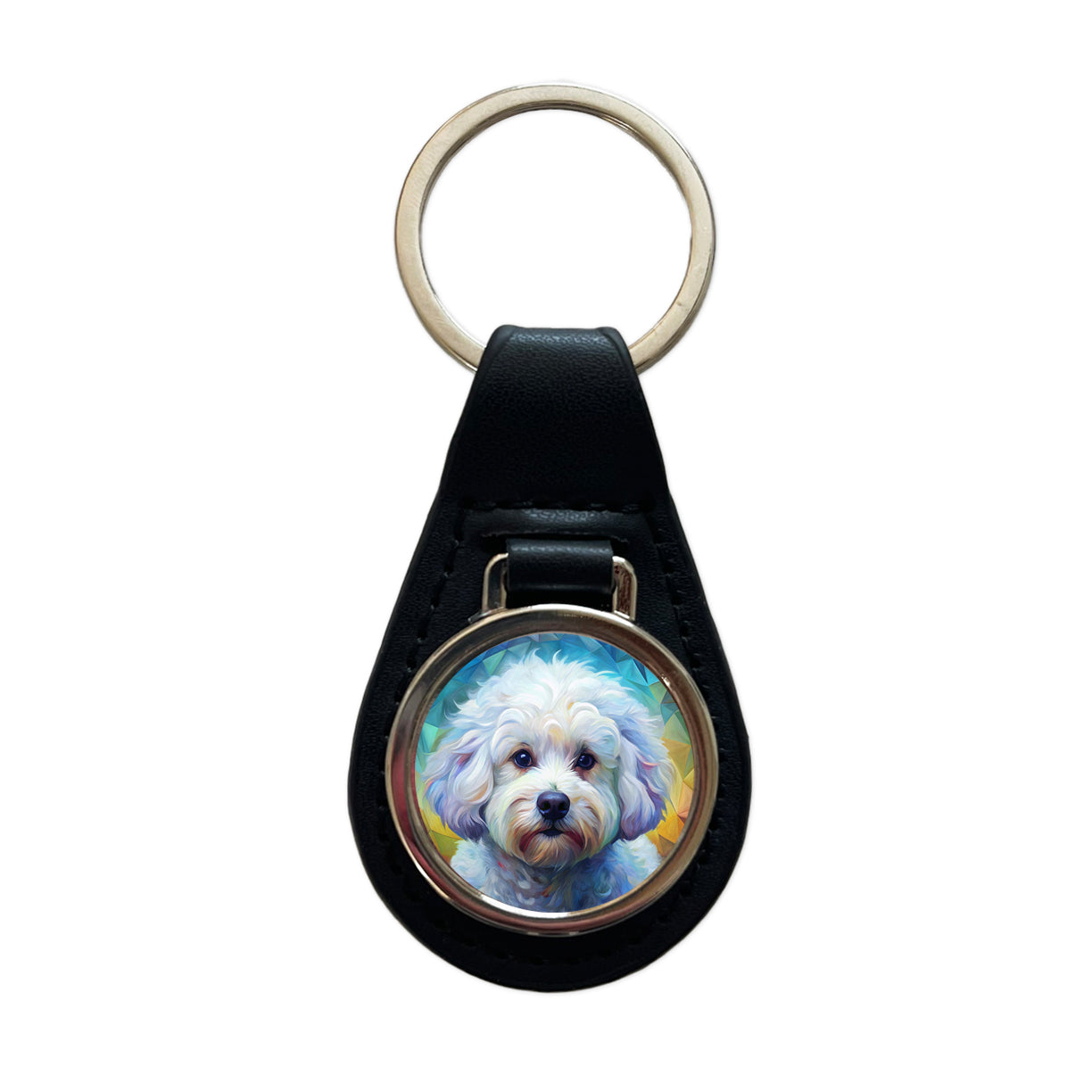 Bichon Frise Dog Abstract Art Black Leather Metal Keychain