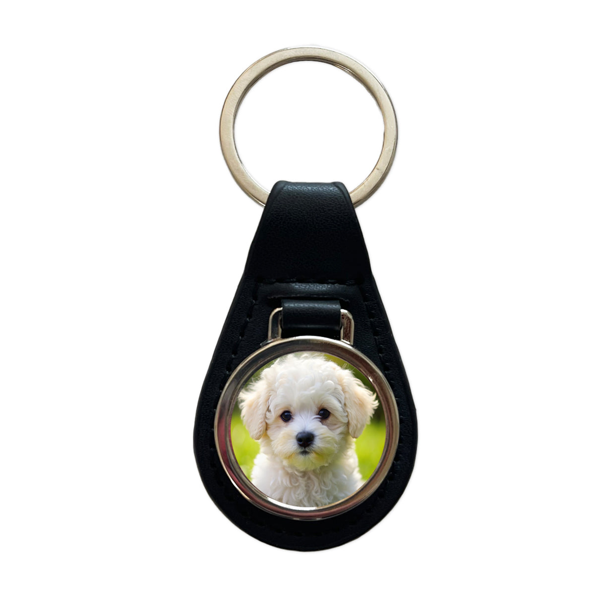 Bichon Frise Dog Puppy Photo Black Leather Metal Keychain