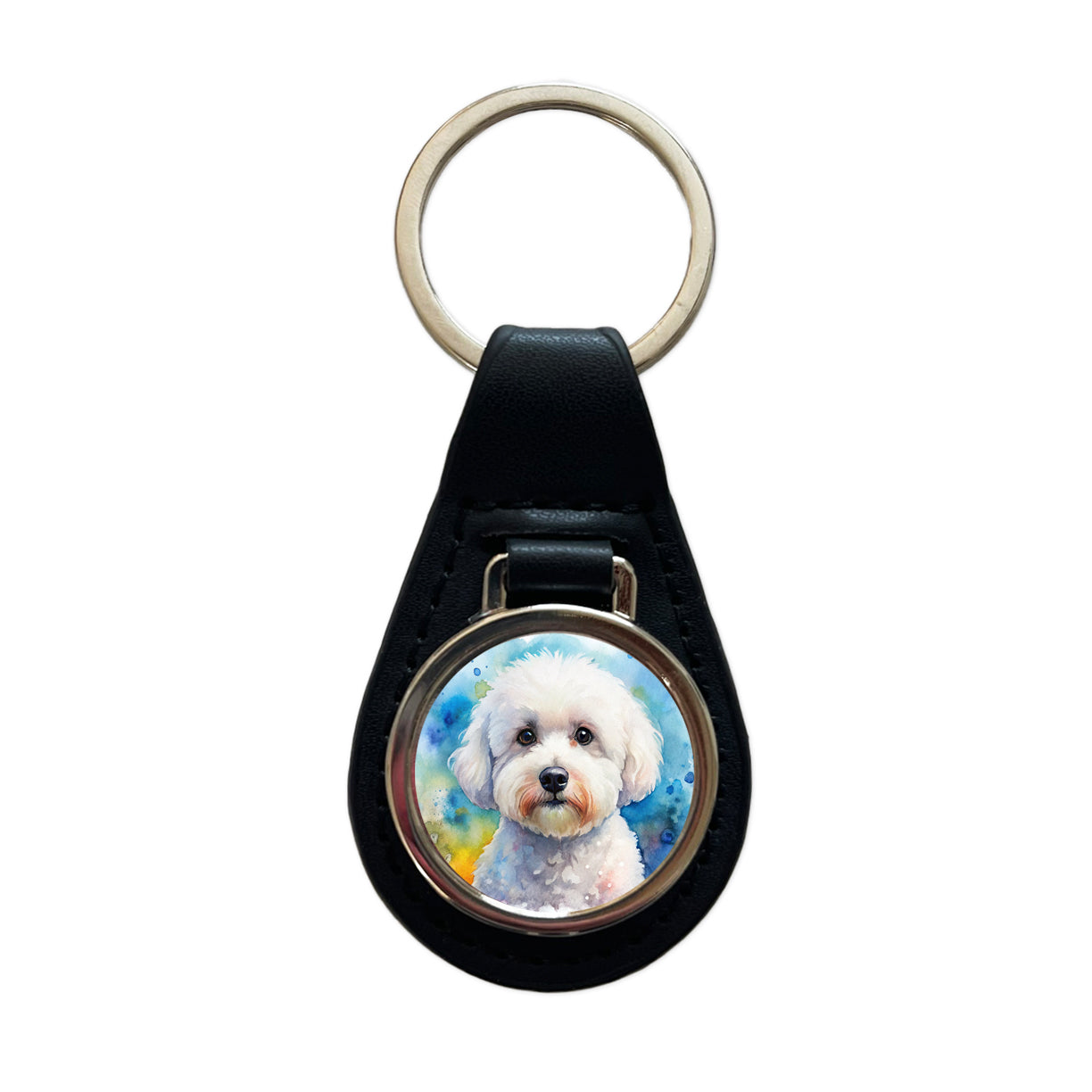 Bichon Frise Dog Watercolor Style Black Leather Metal Keychain