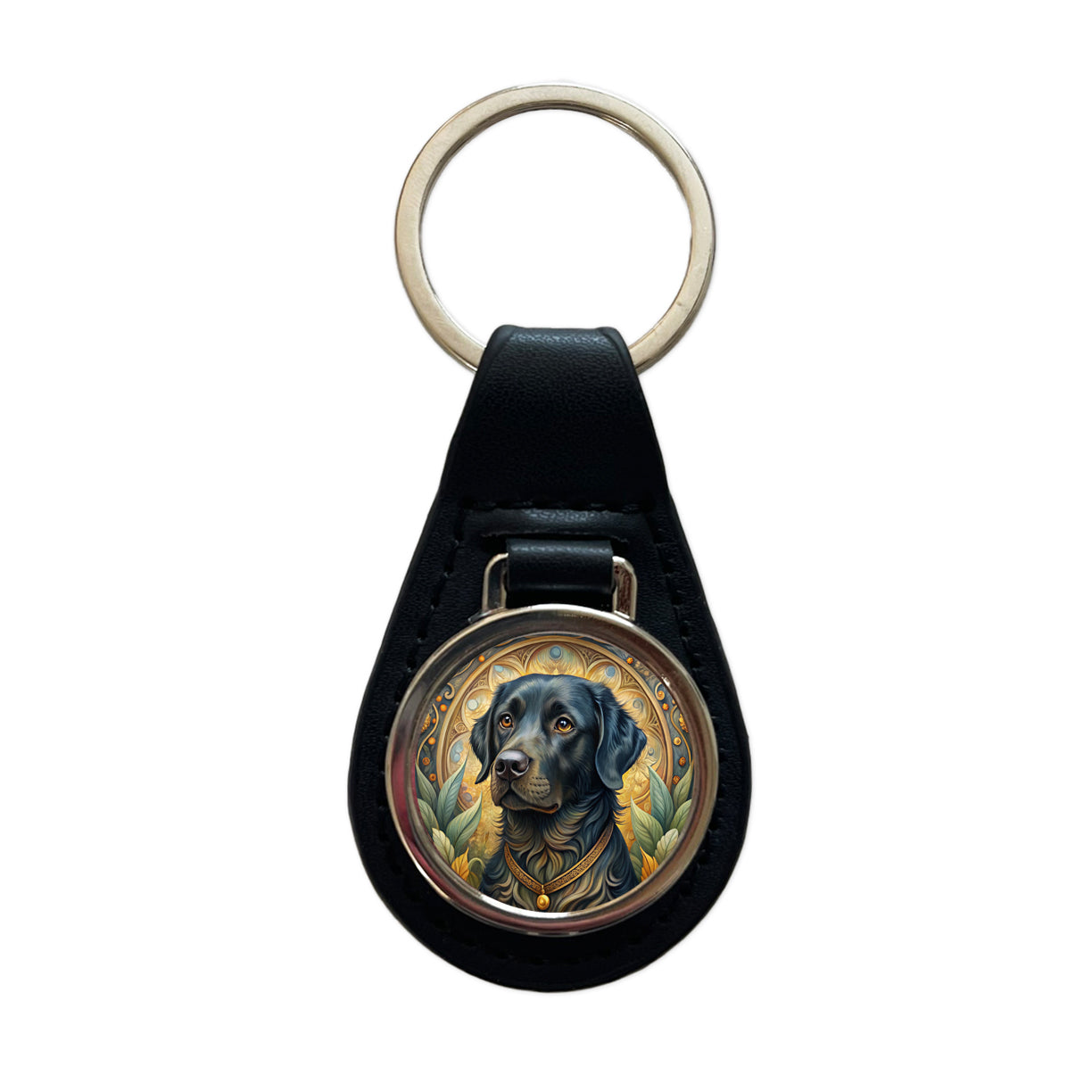 Black Labrador Retriever Dog Art Nouveau Black Leather Metal Keychain