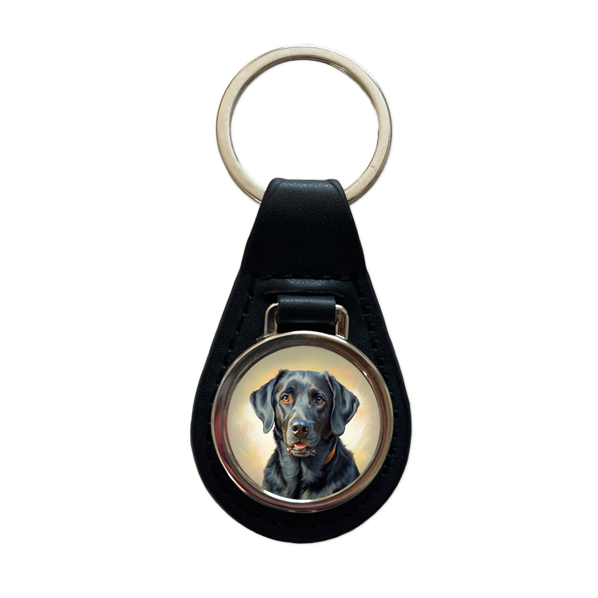 Black Labrador Retriever Dog Illustration Black Leather Metal Keychain