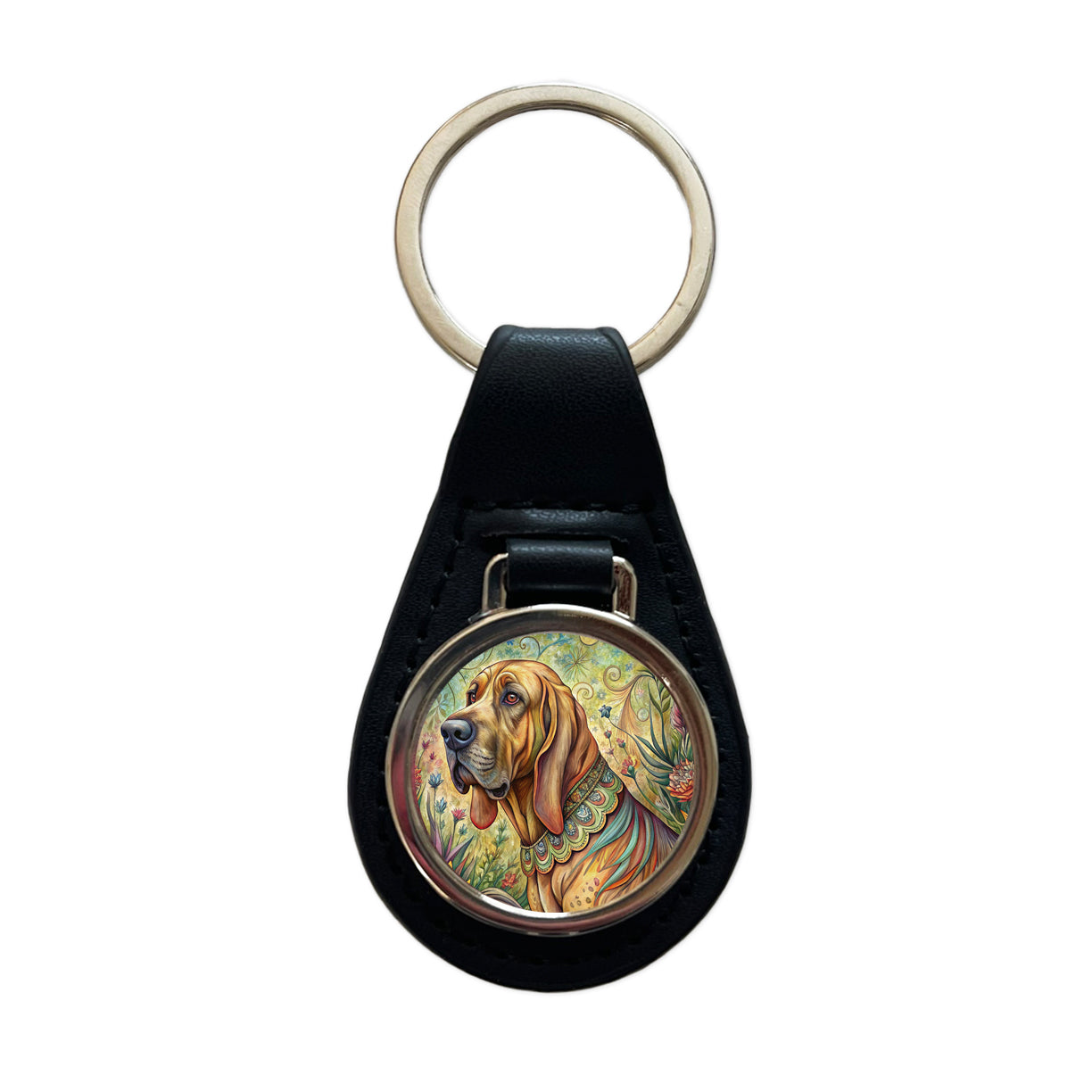 Bloodhound Dog French Bohemian Art Black Leather Metal Keychain
