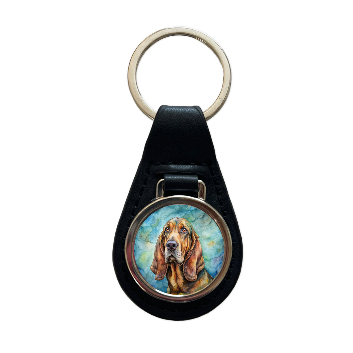 Bloodhound Dog Illustration Black Leather Metal Keychain