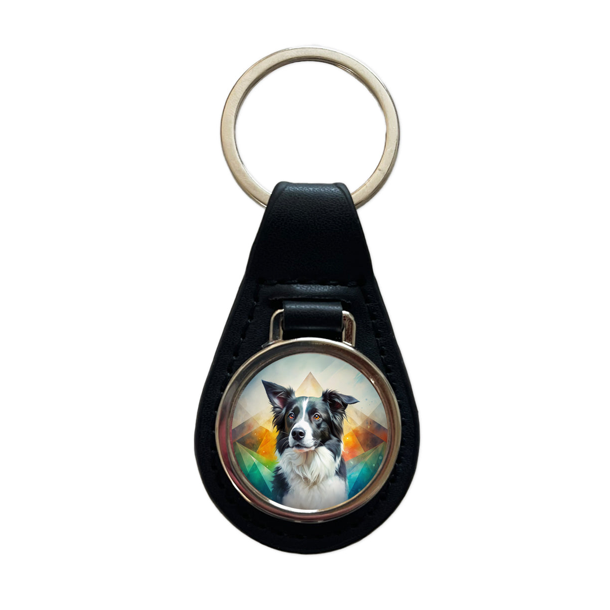 Border Collie Dog Contemporary Art Black Leather Metal Keychain