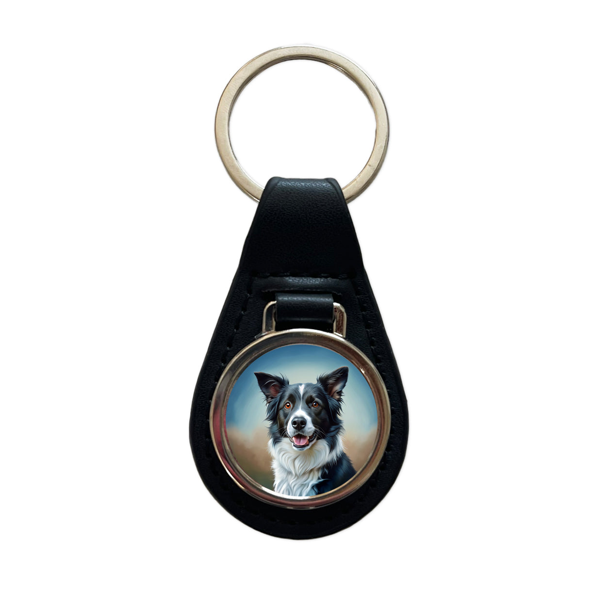 Border Collie Dog Illustration Black Leather Metal Keychain