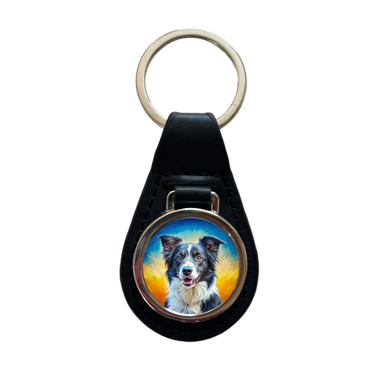 Border Collie Dog Pop Art Black Leather Metal Keychain