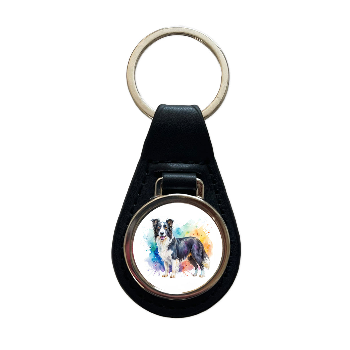 Border Collie Dog Watercolor Style Black Leather Metal Keychain