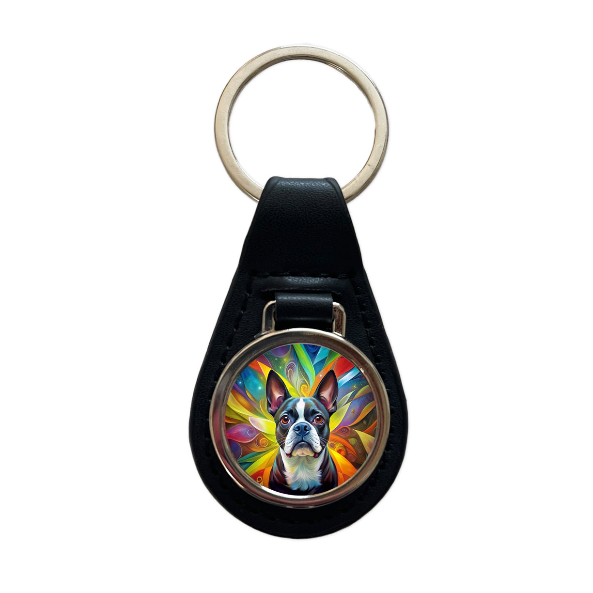 Boston Terrier Dog Abstract Art Black Leather Metal Keychain