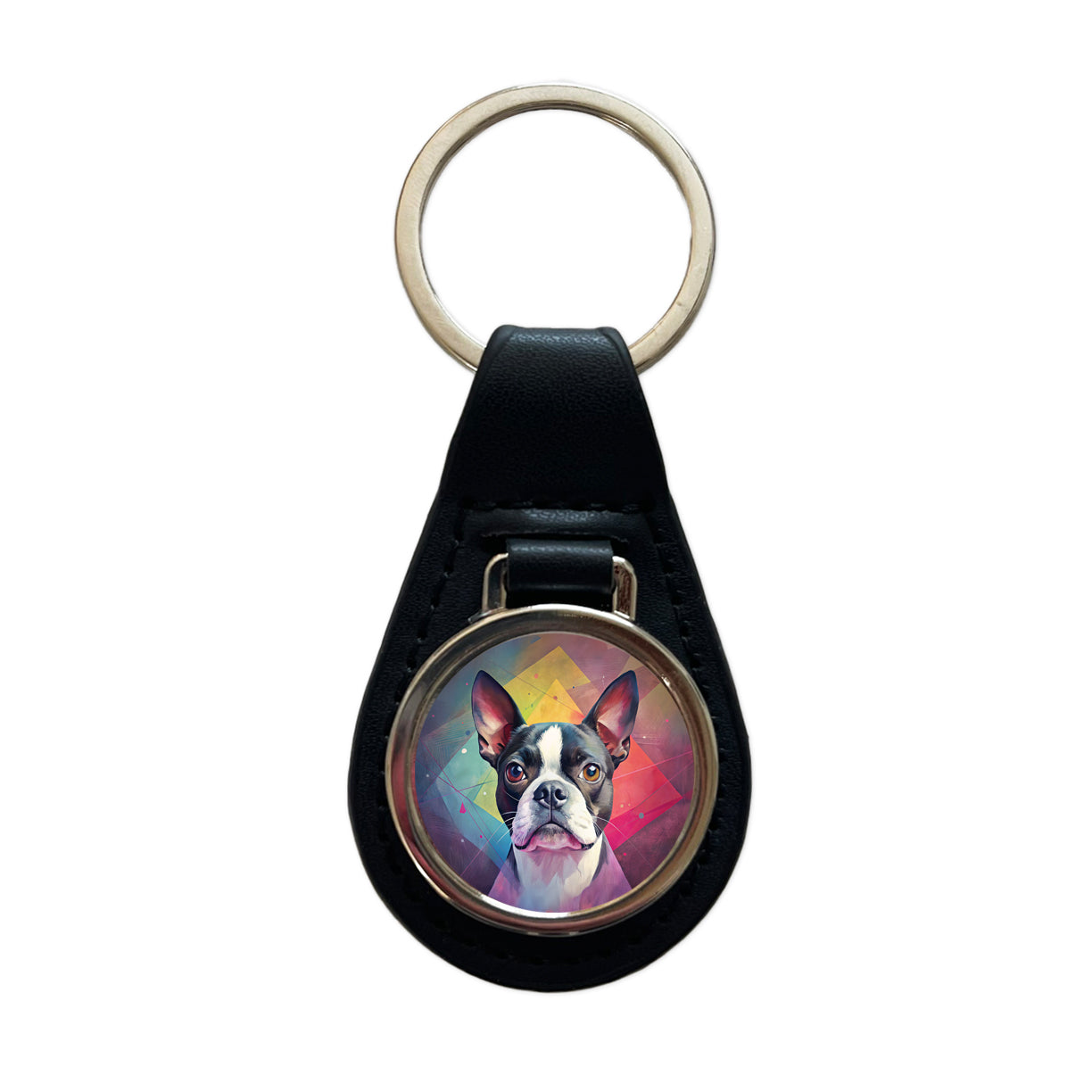 Boston Terrier Dog Contemporary Art Black Leather Metal Keychain