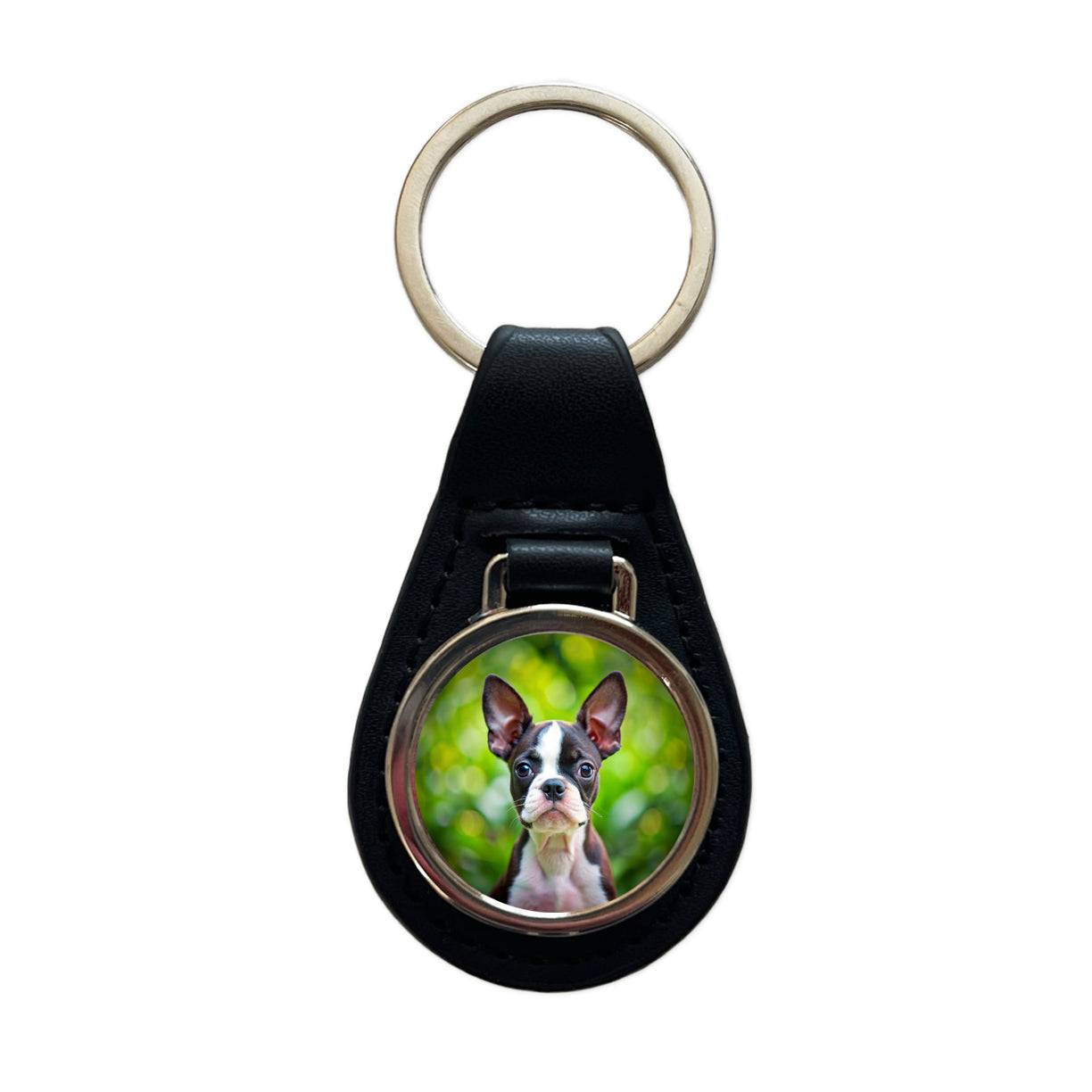 Boston Terrier Dog Puppy Photo Black Leather Metal Keychain