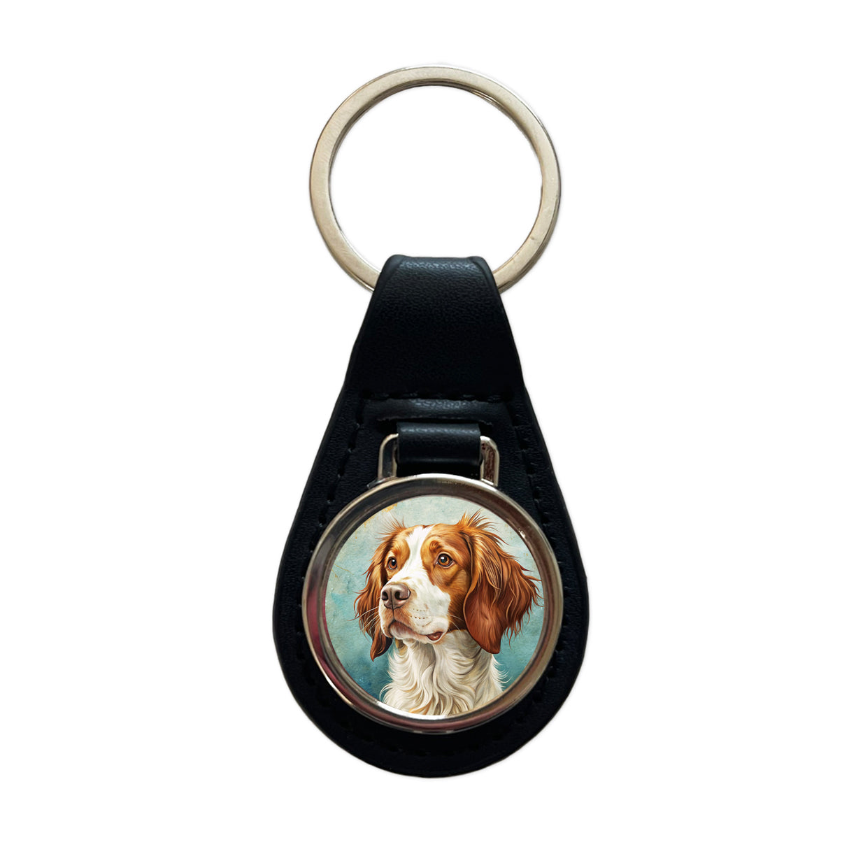 Brittany Spaniel Dog Art Nouveau Black Leather Metal Keychain