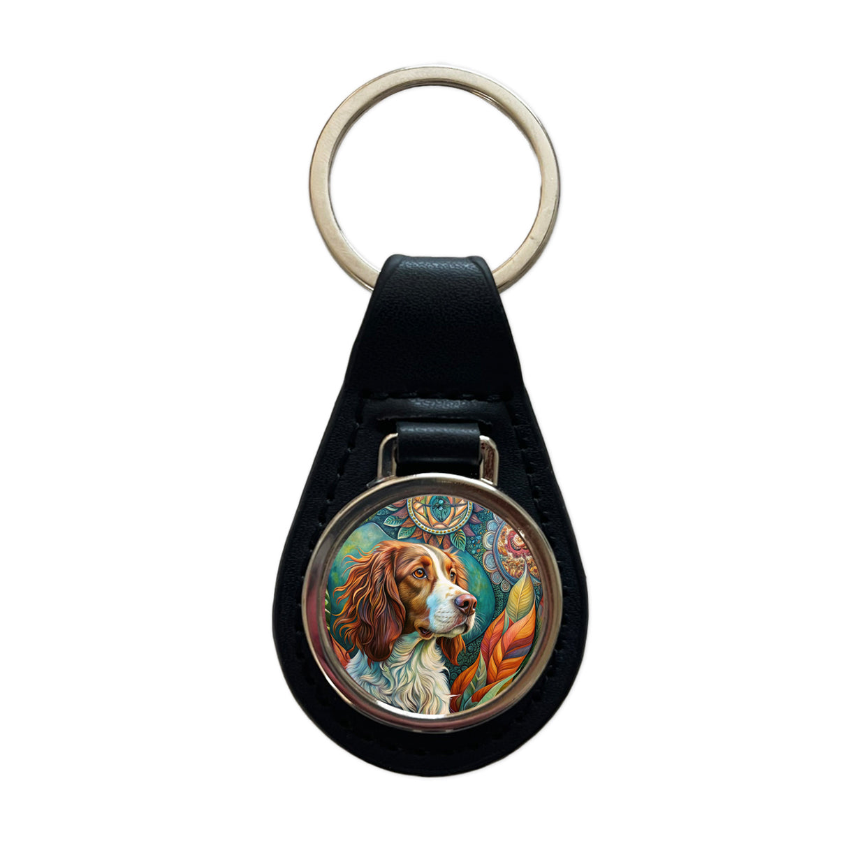 Brittany Spaniel Dog Bohemian Art Black Leather Metal Keychain