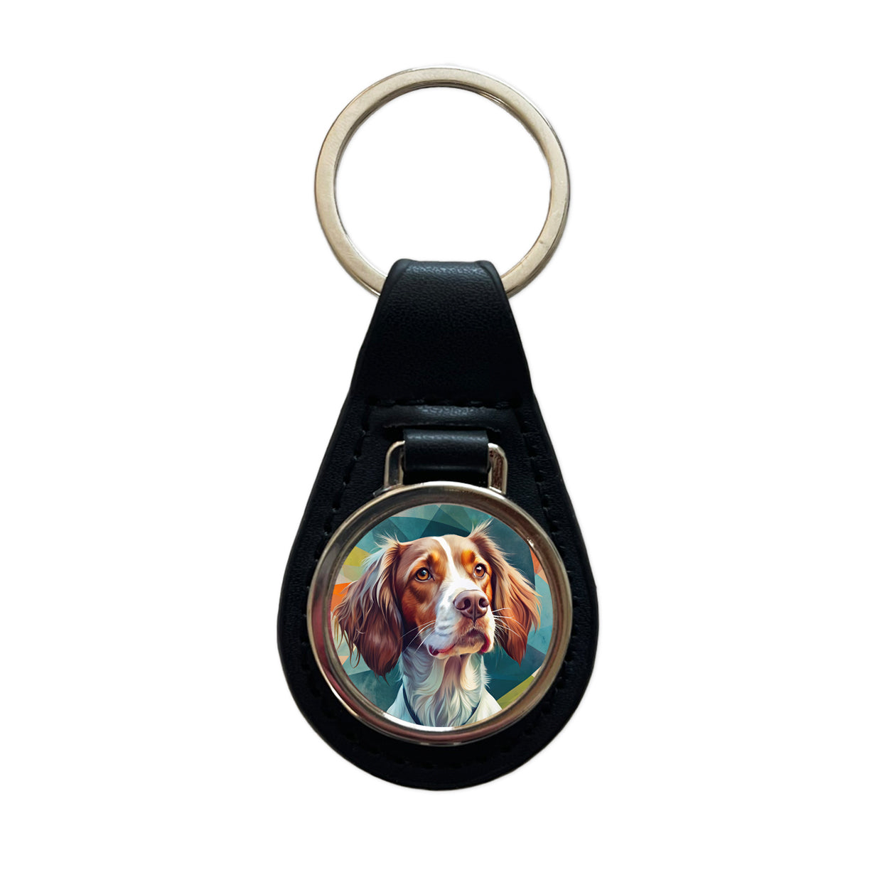 Brittany Spaniel Dog Contemporary Art Black Leather Metal Keychain