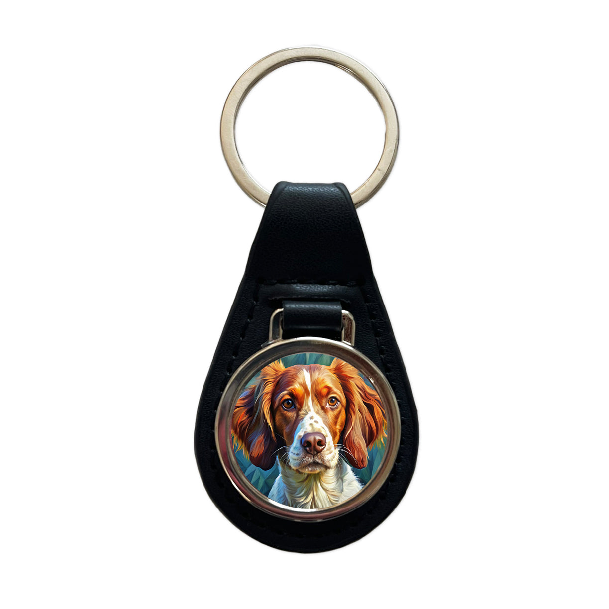 Brittany Spaniel Dog Expressionism Art Black Leather Metal Keychain