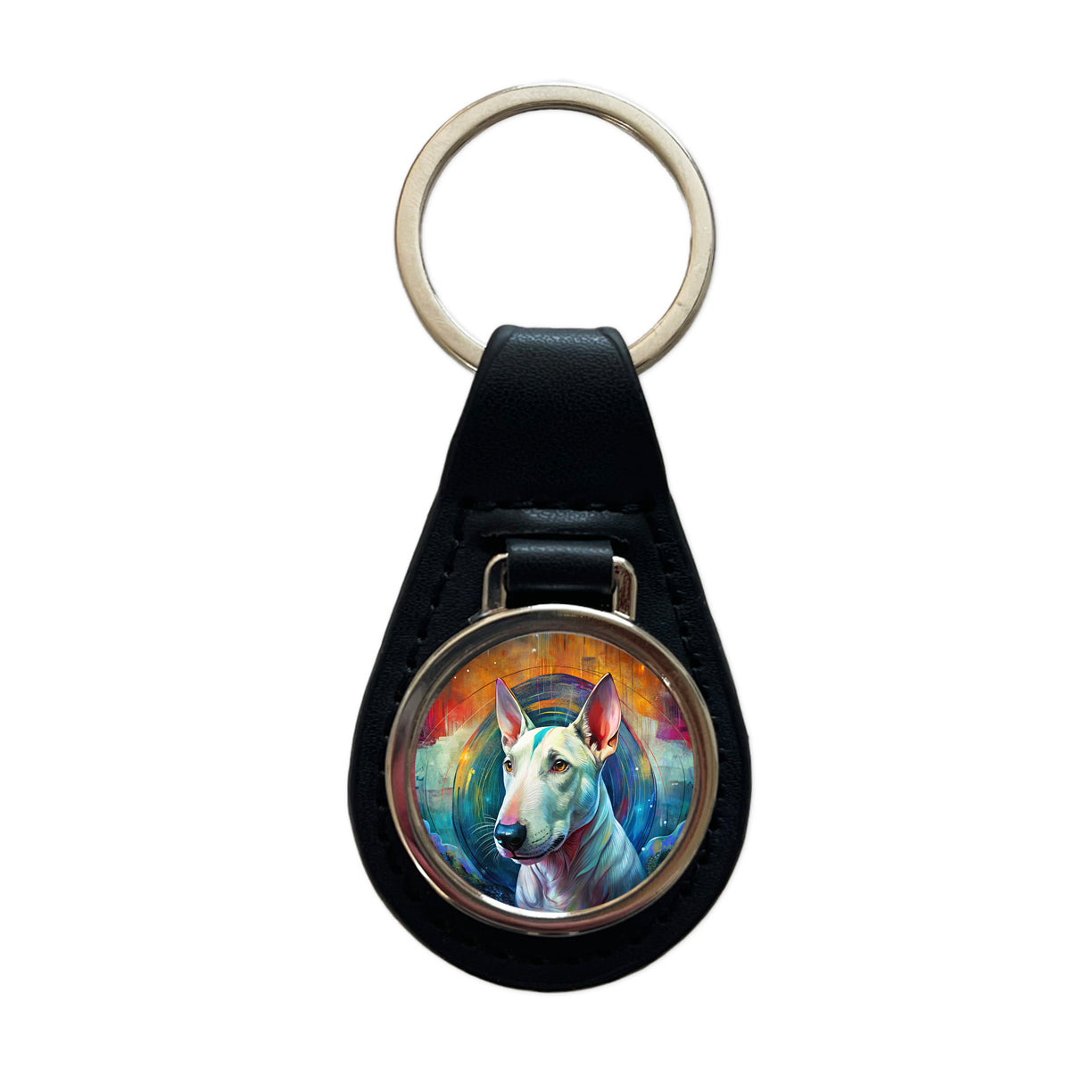 Bull Terrier Dog Abstract Art Black Leather Metal Keychain