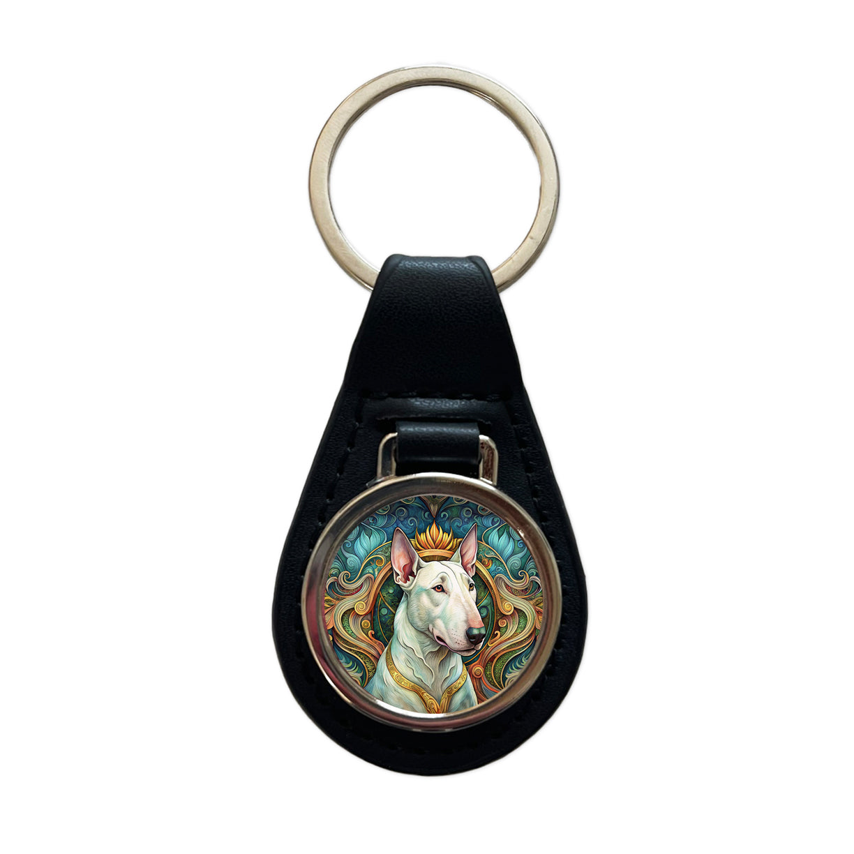 Bull Terrier Dog Art Nouveau Black Leather Metal Keychain