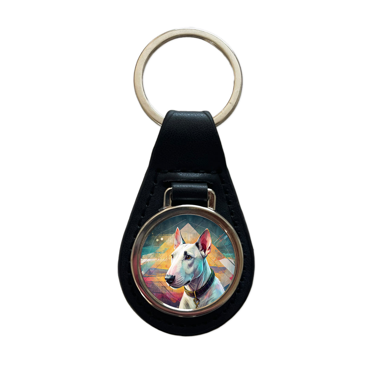 Bull Terrier Dog Contemporary Art Black Leather Metal Keychain