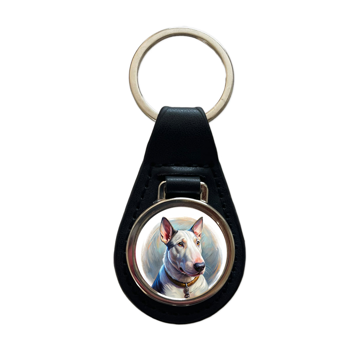 Bull Terrier Dog Illustration Black Leather Metal Keychain