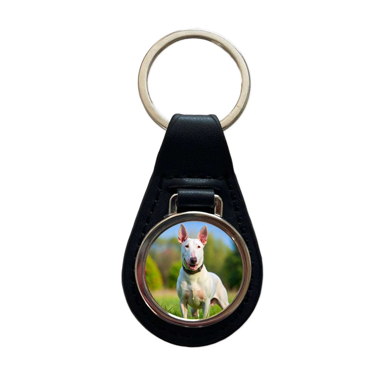 Bull Terrier Dog Photo Black Leather Metal Keychain