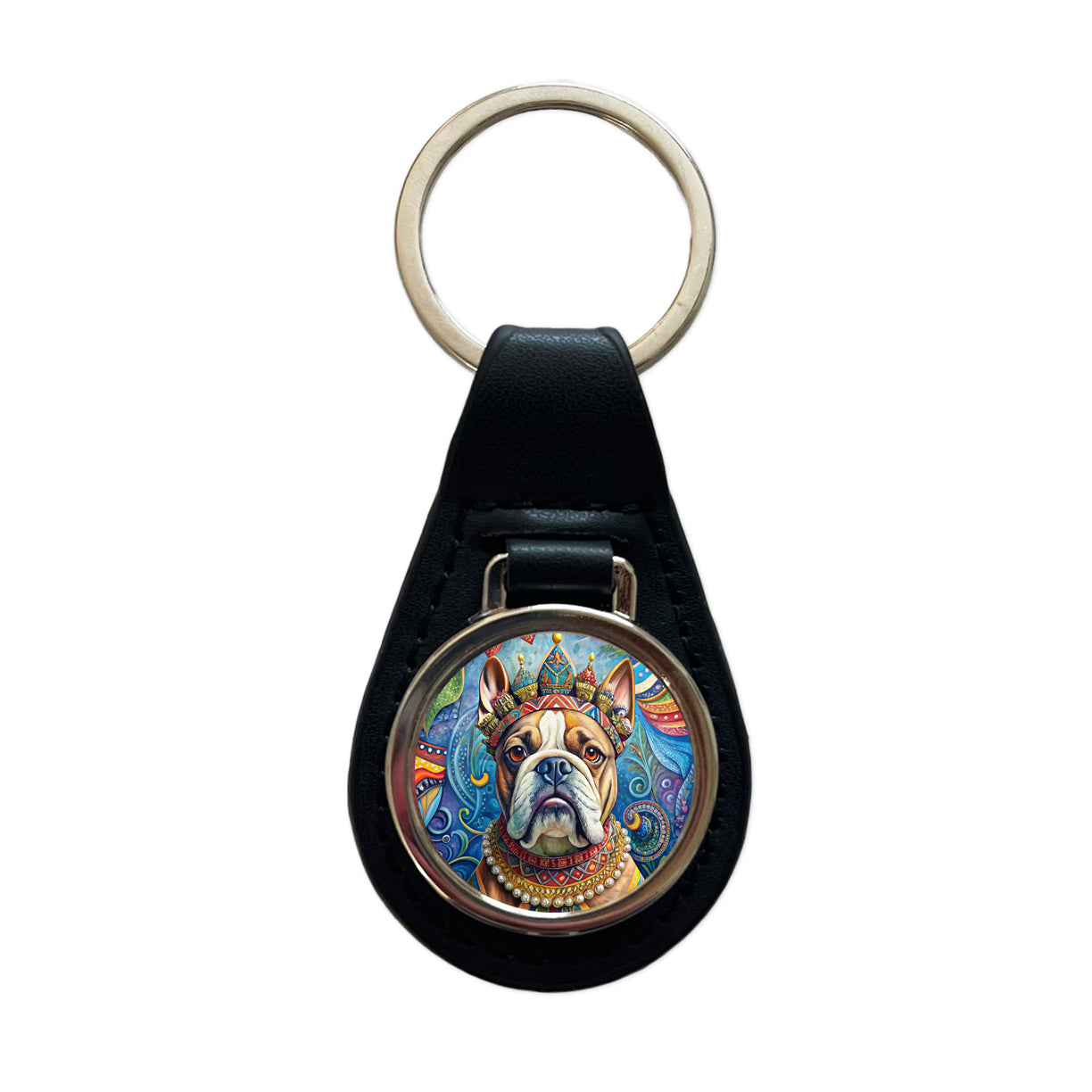Bulldog Dog French Bohemian Art Black Leather Metal Keychain