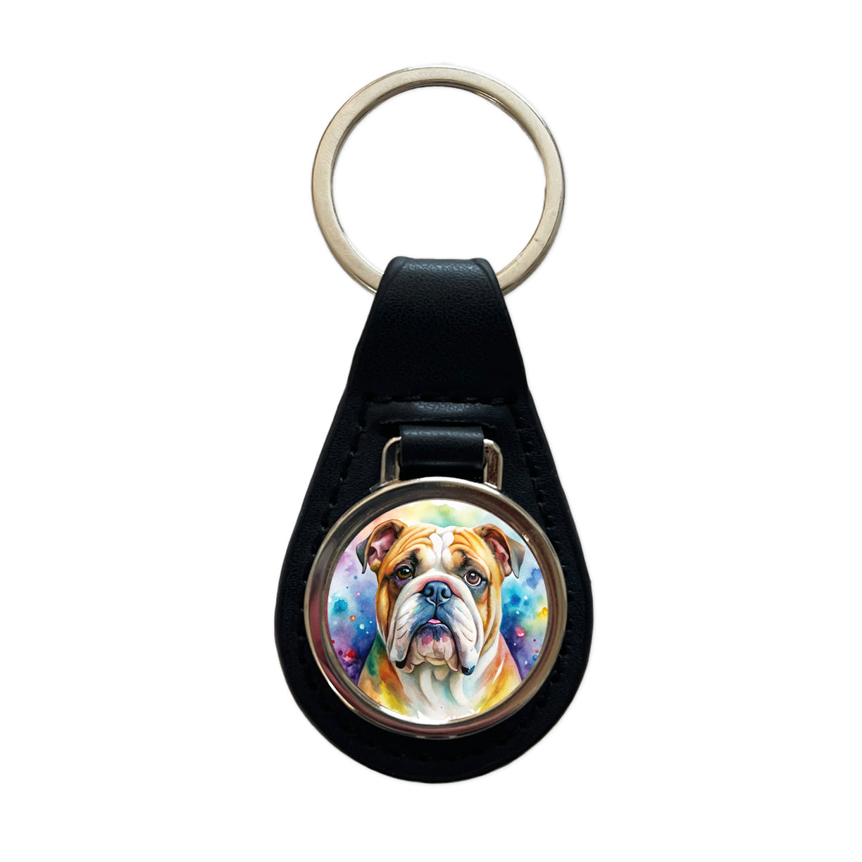 Bulldog Dog Watercolor Style Black Leather Metal Keychain