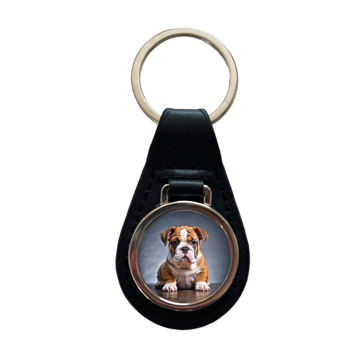 Bulldog Puppy Photo Black Leather Metal Keychain