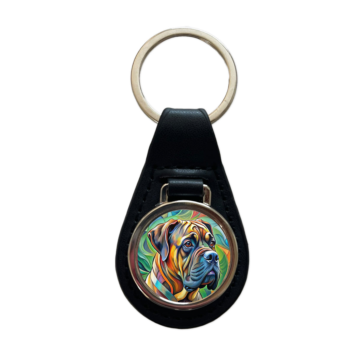 Bullmastiff Dog Abstract Art Black Leather Metal Keychain
