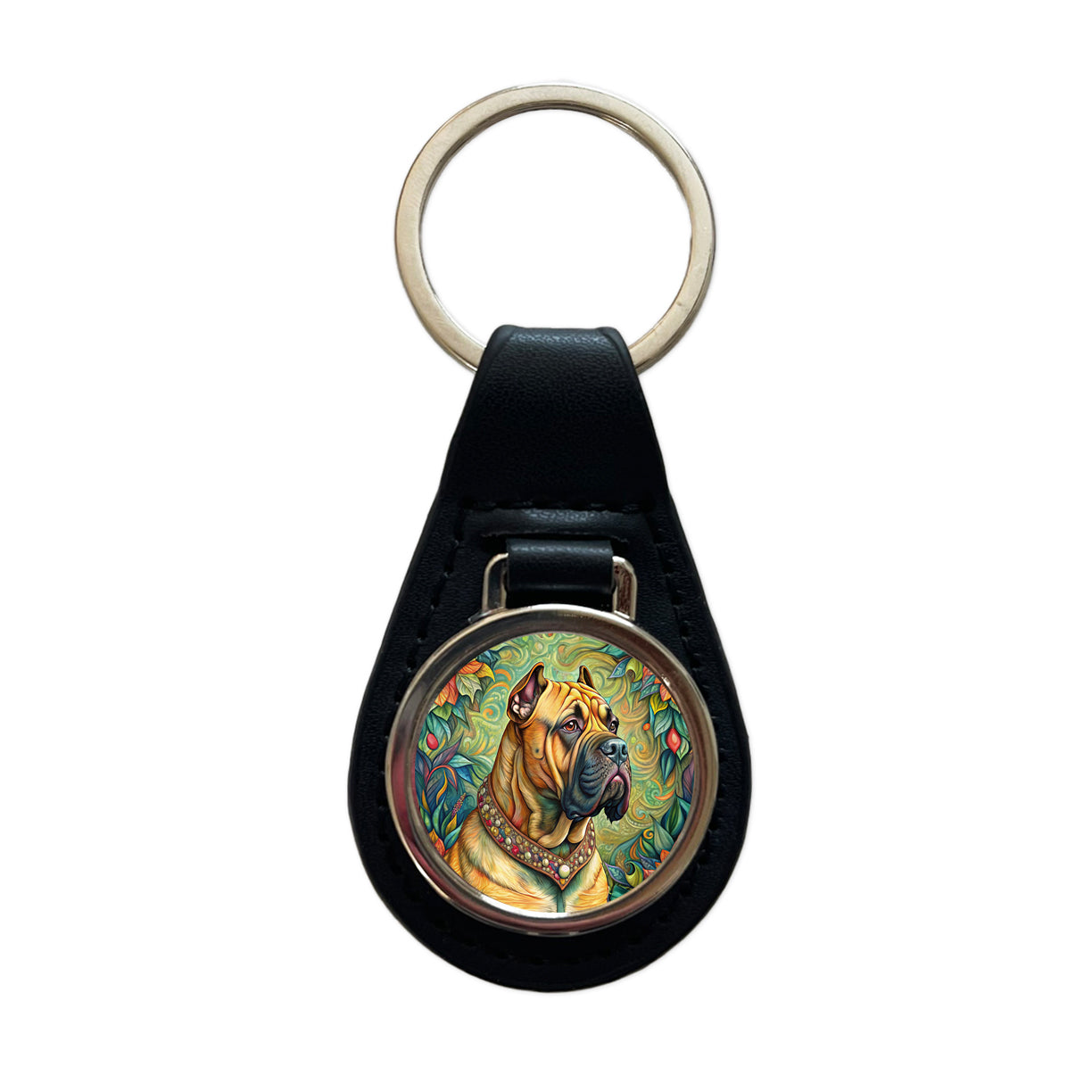 Bullmastiff Dog French Bohemian Art Black Leather Metal Keychain