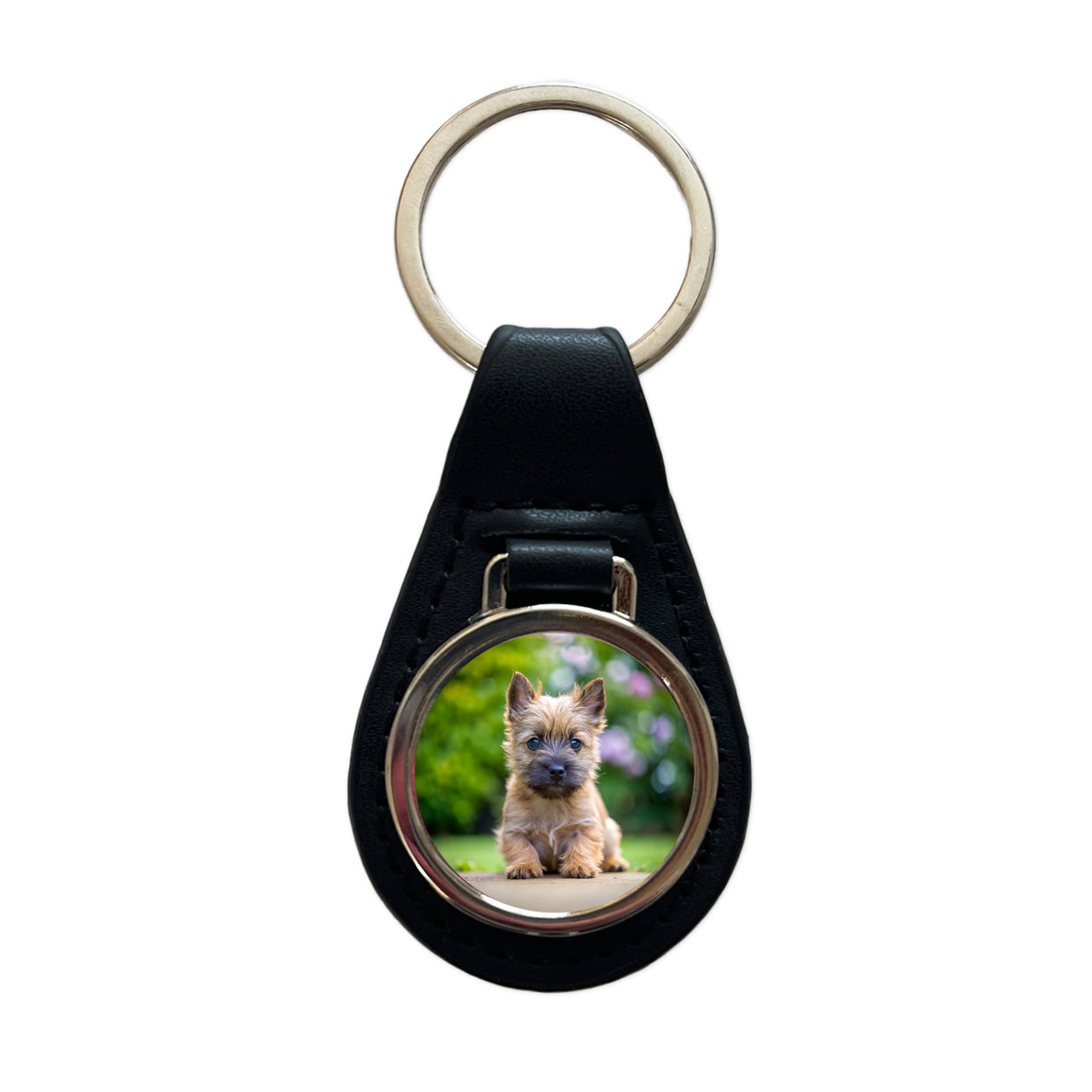 Cairn Terrier Dog Puppy Photo Black Leather Metal Keychain