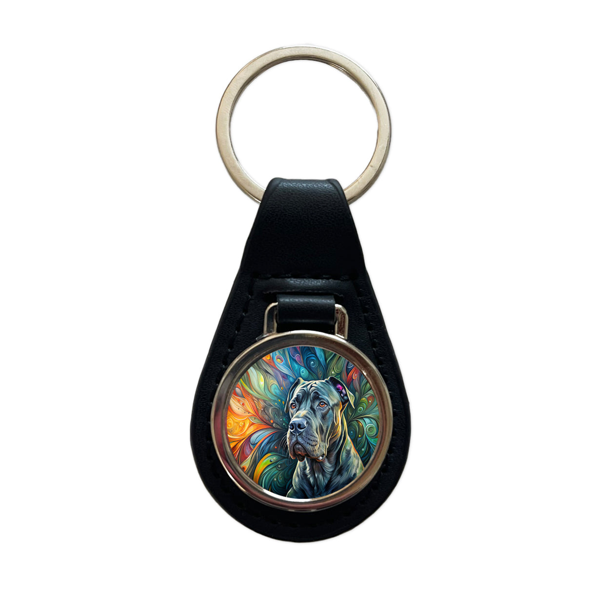 Cane Corso Dog Abstract Art Black Leather Metal Keychain