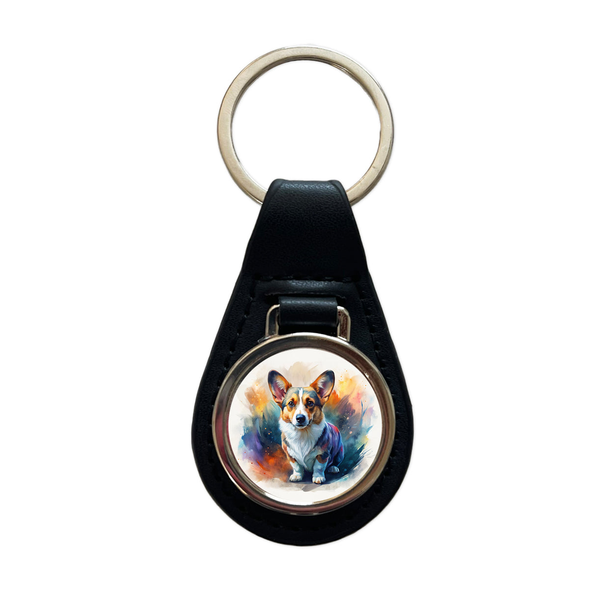Cardigan Welsh Corgi Dog Contemporary Art Black Leather Metal Keychain