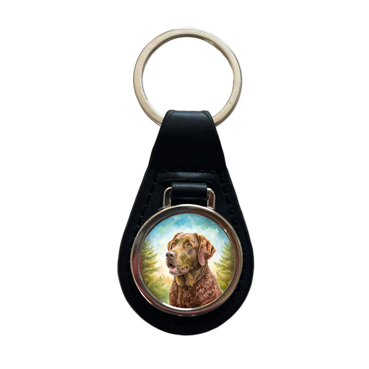 Chesapeake Bay Retriever Dog Illustration Black Leather Metal Keychain