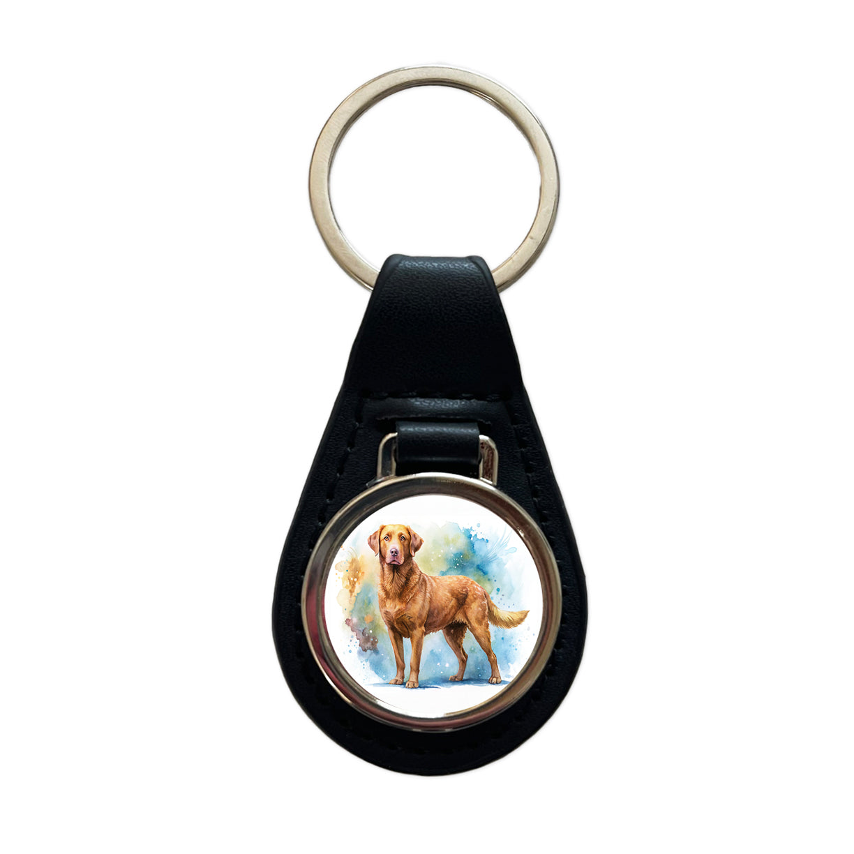 Chesapeake Bay Retriever Dog Watercolor Style Black Leather Metal Keychain